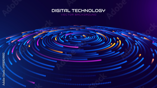 High Speed Light Particles Orbiting Circles Fast Internet Data Background. Digital Road Fast Speed Internet Broadband Data Flow Concept. Light Arc Turn Twist Bend Effect. Vector Illustration.