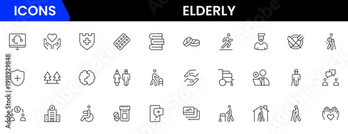 Elderly icon set. elderly care, pension, vision loss, and more. line icon style. old age element vector illustration