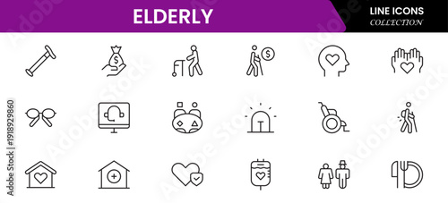 Elderly icon set. elderly care, pension, vision loss, and more. line icon style. old age element vector illustration