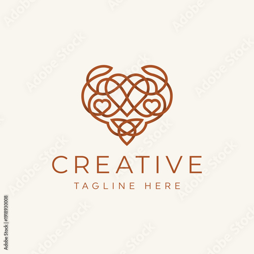 Elegant monoline heart ornament logo featuring intertwined knot details and symmetrical curves