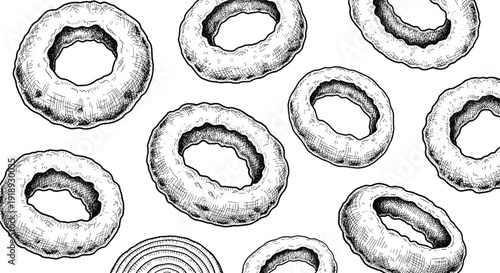 Hand drawn vintage donut seamless pattern black and white bakery pastry background illustration for packaging and textile design