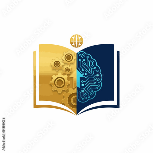 An open book with gears and a brain illustration symbolizing knowledge and technology
