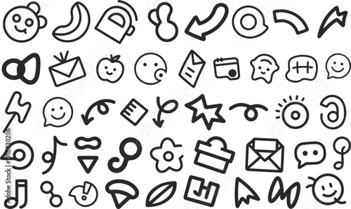 A collection of 36 simple black and white emoticon and symbol illustrations