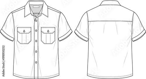 Short sleeve button down shirt with two chest pockets front and back view