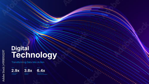 Technology Big Data Flow Background with AI Particles and Digital Stream Lines. Futuristic Data Science Concept. Tech Business Presentation or Annual Report Template. Vector Illustration.