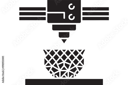 Printer 3D icon showing extrusion nozzle printing geometric mesh object, solid black glyph symbol for additive manufacturing, rapid prototyping, industrial design apps