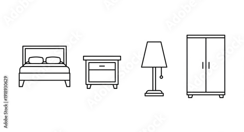 Bedroom furniture set line art illustration.
