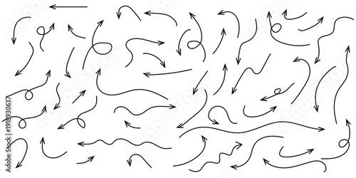 Hand drawn arrow set with crayon texture - curved and straight, Marker pen pointer icons, Curvy directional symbols. 