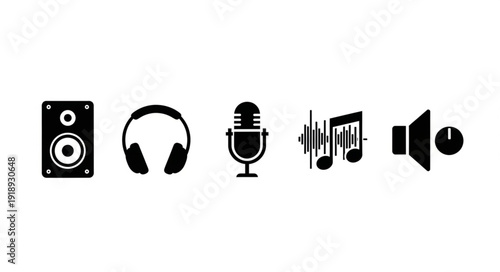 Collection of audio and music icons on white background.
