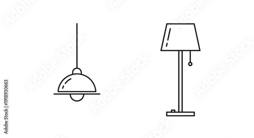 Modern ceiling lamp and floor lamp line art icons.