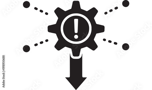 Gear warning icon with exclamation mark and downward arrow, connected network nodes, minimal black silhouette symbol for alerts, settings error, maintenance and system status