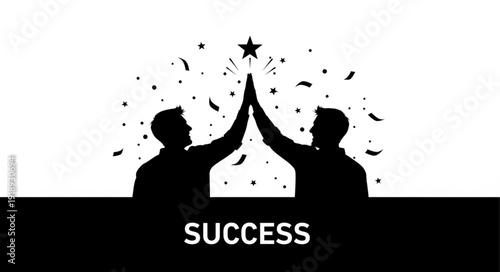 Two men high five celebrating success with confetti and star.
