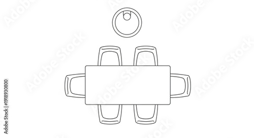 Dining table with chairs and overhead light illustration.