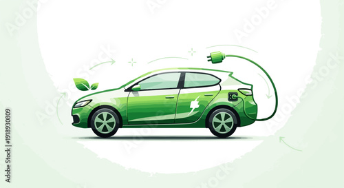 Electric car charging with green leaves emerging from cable and hood symbolizing eco friendly transportation and sustainable energy solutions for a greener future