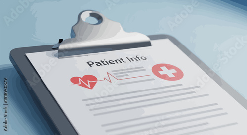 Medical clipboard with patient information form heart rate and medical cross symbols on a light blue background healthcare and medical records concept