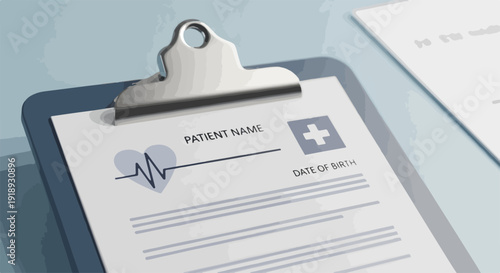 Medical consent form on clipboard with heartbeat symbol and medical cross on a desk with documents in the background