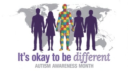 Autism Awareness Month 'It's Okay to Be Different' concept with diverse people silhouettes holding hands, isolated on white background