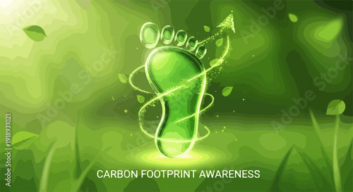 Eco friendly carbon footprint awareness symbol with green background and leaves