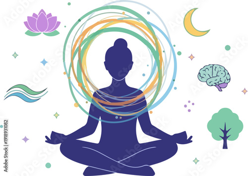 Meditating woman in lotus position with colorful aura and symbols around her for mindfulness and relaxation