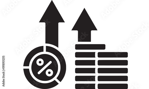Interest rate icon with percent symbol, upward arrows and stacked coins, finance growth concept in black glyph style, isolated on white for banking and investment UI