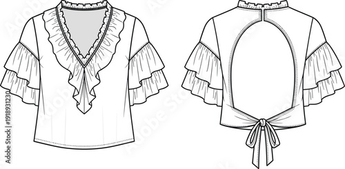 White blouse with ruffled sleeves and tie back