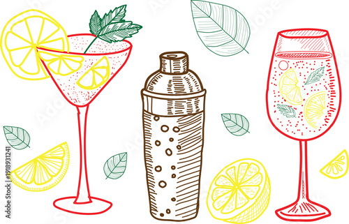 A delightful hand drawn collection featuring refreshing summer cocktails in a martini glass and wine glass alongside a classic cocktail shaker garnished with vibrant lemon slices and fresh mint leaves