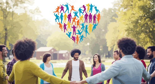 Diverse group of people holding hands in a circle with a heart shaped crowd of colorful people above them in a park