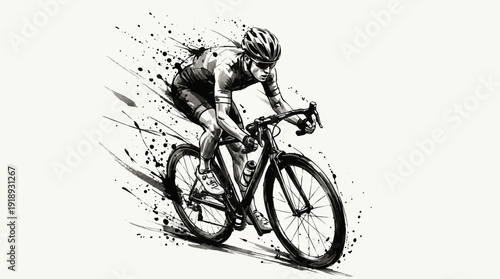 Dynamic Gritty Illustration of a Cyclist Conquering an Uphill Climb, Embodying Speed and Determination with Abstract Ink Splashes