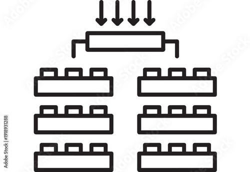 Warehouse rack icon with pallet boxes and downward arrows, simple outline pictogram for logistics storage system, inventory distribution, supply chain diagram