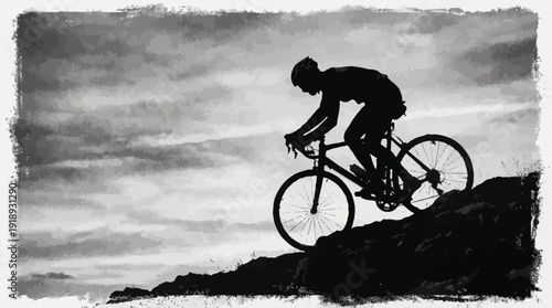 Powerful monochrome silhouette of a cyclist ascending a rugged mountain path, embodying peak performance and endurance