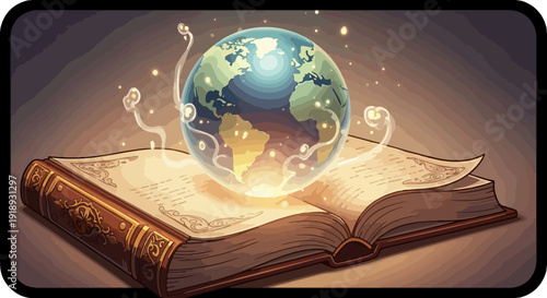 Glowing earth rising from an open book with mystical light and smoke on a table