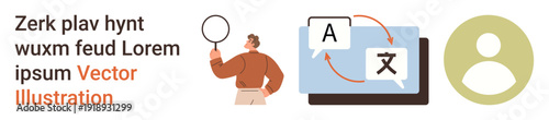 Language learning, translation services, communication tools, identity, user profiles, education. A person with a magnifying glass and translation icons on a monitor. Translation services