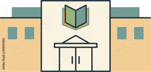 Simple library building icon with open book logo beige and green color scheme architectural symbol for educational institutions and public reading spaces