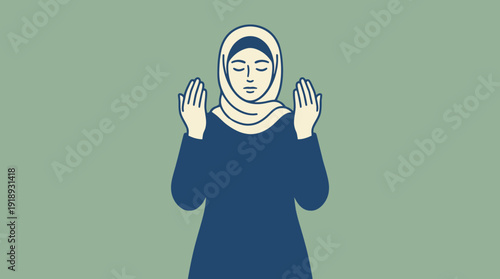 Serene flat vector illustration depicting a devout Muslim woman in prayer, hands raised in supplication, embodying faith, spirituality, and peaceful devotion