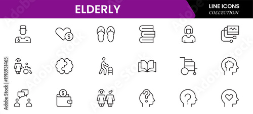 Elderly icon set. elderly care, pension, vision loss, and more. line icon style. old age element vector illustration