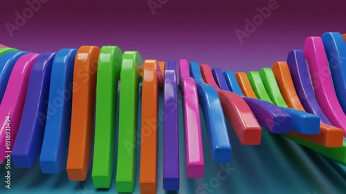 Abstract 3D animation of colorful wave-shaped bars moving and rotating against a gradient purple background.