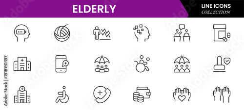 Elderly icon set. elderly care, pension, vision loss, and more. line icon style. old age element vector illustration
