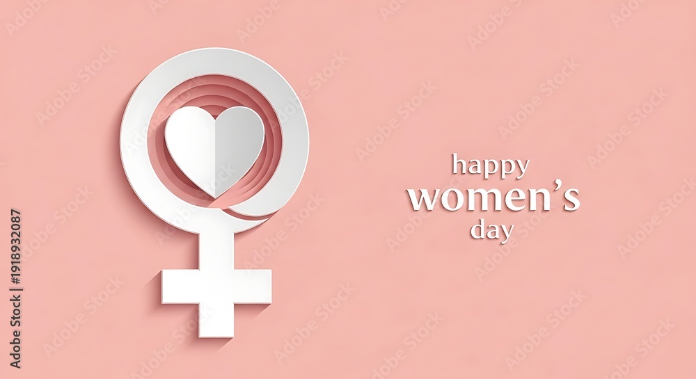 Obraz premium Paper cut female gender symbol with heart on pink background for International Women's Day