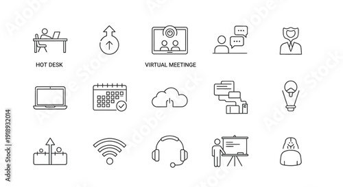 Remote Work and Online Communication Outline Icons Set Illustration