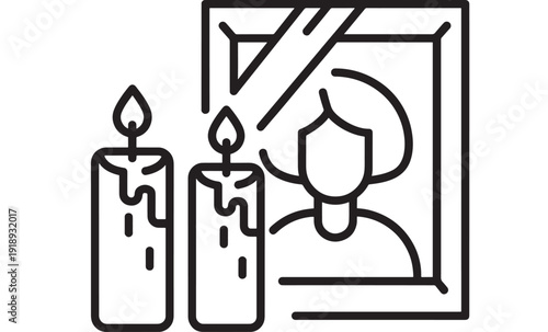 Memorial photo frame icon with mourning candles and ribbon, minimal line art symbol for remembrance, funeral service, obituary announcement, and tribute design