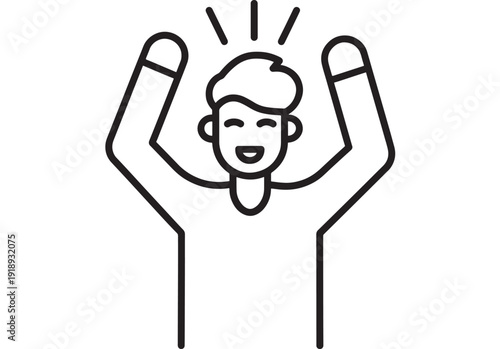 Person celebrating icon with raised arms and smiling face, simple black outline line art pictogram for success, happiness, achievement, and positive mood concepts