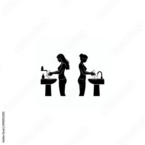 Two women washing hands with soap at a sink, hygiene and healthcare silhouette vector illustration, preventive measures against germs and viruses concept.