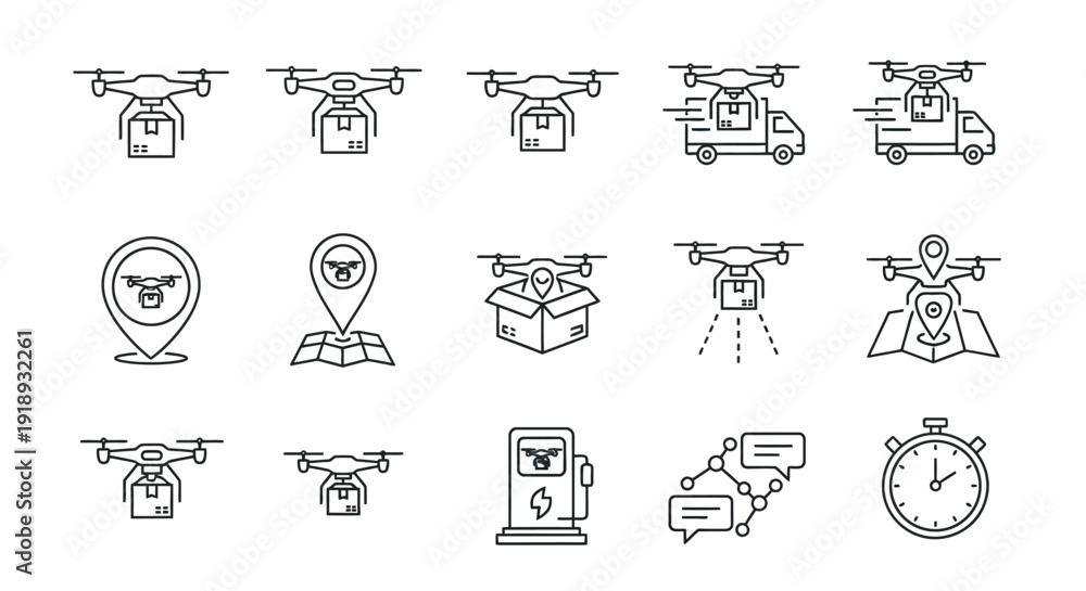 Fototapeta premium Drone Technology Outline Icons Set Illustration