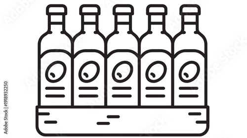 Bottles wine icon set with five glass bottles in wooden crate, simple black outline line art style, isolated on white background for menu, winery branding and labels