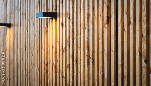 Modern Scandinavian architectural detail featuring vertical oak wood slats on an exterior wall. Minimalist design with natural timber textures and contemporary style.