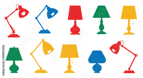 Colorful collection of various desk lamps in a simple graphic style