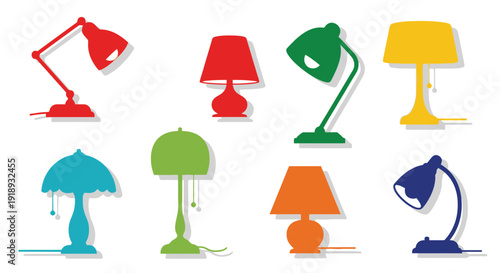 Colorful collection of desk lamps in a flat illustrative style