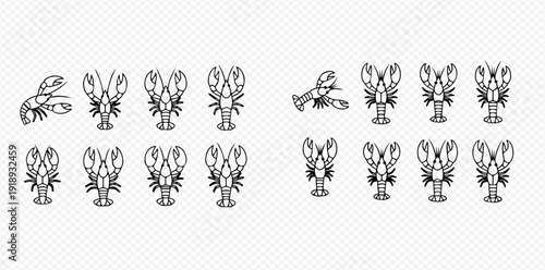 Set of line art lobster icons in various poses, perfect for seafood menus and restaurant branding.
