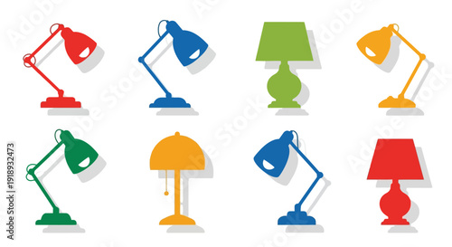 Colorful desk lamps arranged in a grid showcasing various shades