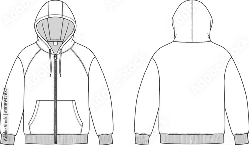 White hoodie with zipper front and back view sweatshirt clothing fashion